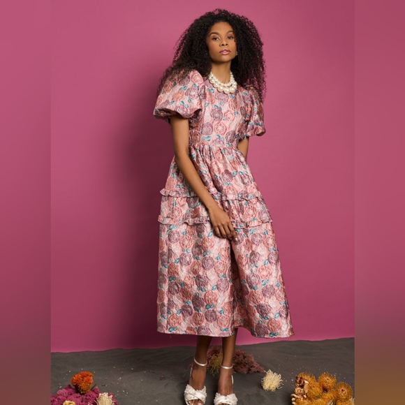 NWT DREAM sister Jane DREAM Nerissa Jacquard Midi Dress DREAM CORALS IN BLOOM S - Picture 1 of 16